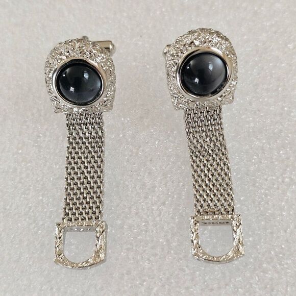 Vintage Swank Gray Moonglow Cabochon Silver Tone Mesh Wrap Around Mens Cufflinks - Picture 3 of 9